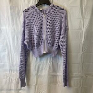 Women Junior Sz Xl Lavender Crochet Open Knit Zip Up Hoodie Sweater Cardigan Top